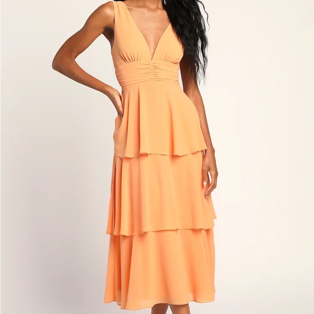 Lulu's Celebration Time Light Orange Sleeveless Tiered Midi Dress
